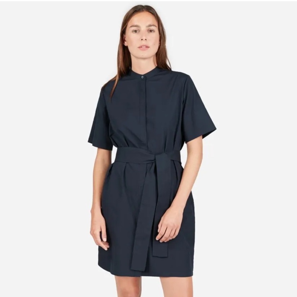 Everlane Cotton Collarless Belted Shirtdress in Navy Blue